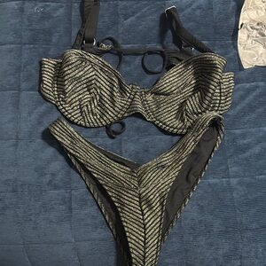 JMY The Label- Striped Black and Silver Women's Bikini